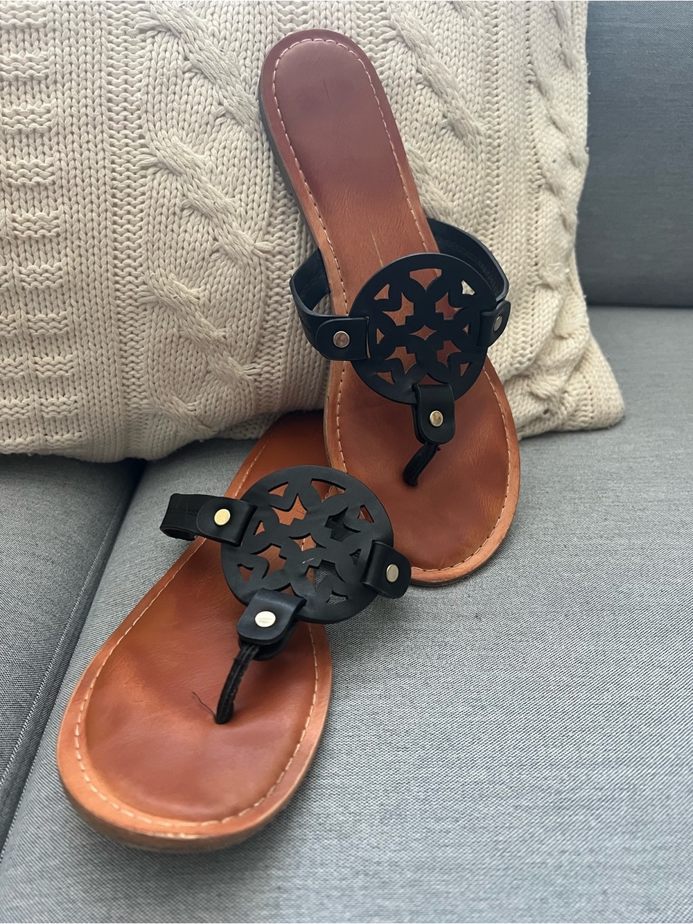 Cutout Medallion Leather Toe-Post Sandals in Black & Brown
